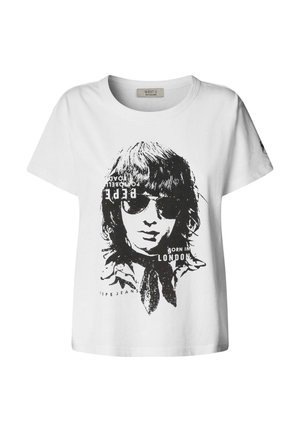 Camiseta de algodón blanca con un estampado gráfico negro de una persona con gafas de sol, texto "NACIDO EN LONDRES" y "PEPE JEANS" integrado en el diseño.