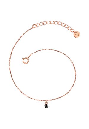 Rose gold kædearmbånd med en lille sort perle charm. Kæden har et delikat, sammenkoblet design med en sikker lås. Justerbar længde.