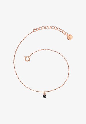 Rose gold kædearmbånd med en lille sort perle charm. Kæden har et delikat, sammenkoblet design med en sikker lås. Justerbar længde.