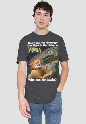 Dark gray cotton t-shirt featuring a cartoon graphic of a cat and monster, with white text above and below the image.