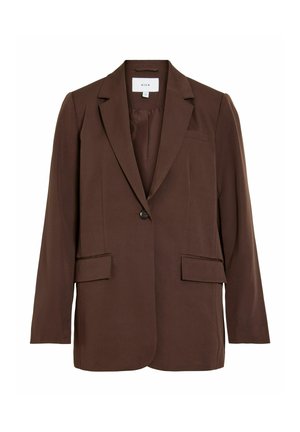 Blazer marrón de un solo botón con solapas con muesca, dos bolsillos frontales con solapa, bolsillo en el pecho y mangas largas, etiquetado "VILA".
