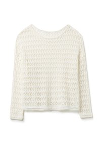 Maglione bianco all'uncinetto, design cropped, maniche lunghe, motivo open-knit testurizzato, scollatura rotonda e orlo a costine.