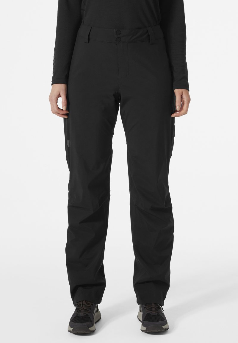 Zwarte waterdichte broek met een knoopsluiting en riemlussen. Heeft een rechte snit en cargopockets aan de zijkanten. Glad textuur.