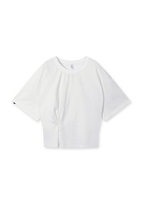 Witte cropped t-shirt met korte mouwen, gemaakt van katoen, met een gedraaide voorkant en een ronde halslijn. Effen textuur, minimale accenten.
