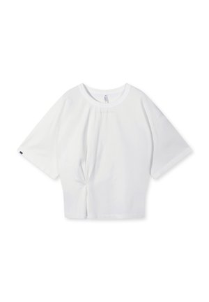 T-shirt bianca cropped con maniche corte, realizzata in cotone, con un design frontale attorcigliato e un colletto rotondo. Texture liscia, dettagli minimi.