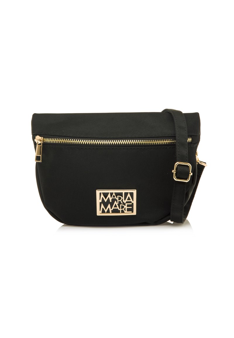 Borsa a tracolla in tessuto nero con zip dorata e placchetta con logo. Presenta una tracolla regolabile e una texture liscia. Design compatto per un uso quotidiano.