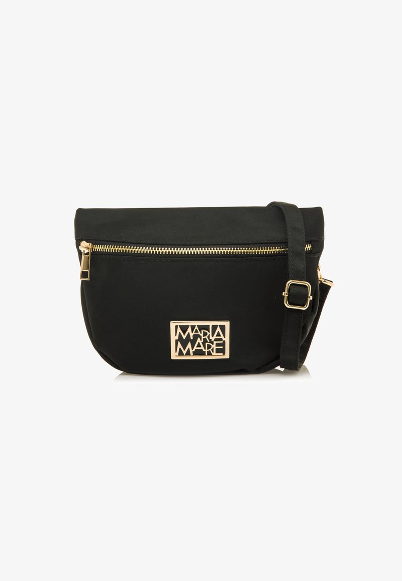 Schwarze Stoff-Crossbody-Tasche mit goldfarbener Reißverschluss und Logo-Plakette. Verfügt über einen verstellbaren Tragegurt und eine glatte Textur. Kompakt design für den täglichen Gebrauch.