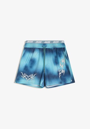 Șort de baie degrade albastru cu talie cu șnur și modele tribale albe în formă de flacără pe părțile frontale.