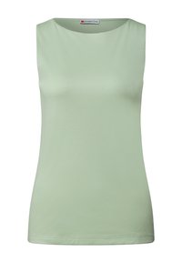 Ljusgrön ärmlös topp i mjukt tyg, med rundad halsringning och figurnära silhuett, med en enfärgad textur utan mönster.