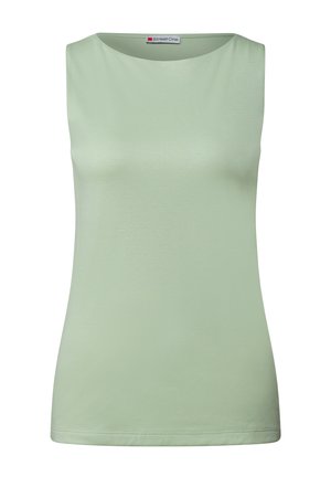 Hellgrünes, ärmelloses Oberteil aus weichem Material mit einem runden Ausschnitt und einer taillierten Silhouette, in einfarbigem Design ohne Muster.