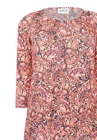 Pitkähihainen paita, jossa on pyöreä kaula-aukko, ja siinä on kirkas kukkakuviollinen paisley-kuosi, joka sisältää vaaleanpunaista, oranssia ja valkoista tummalla taustalla.