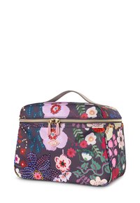 Cosmetica tas met bloemenpatroon op een paarse achtergrond, gouden rits, een handvat bovenop en een diamantlogo. Compact rechthoekig ontwerp.