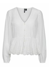 Blusa bianca a peplo con maniche lunghe, scollatura a V, bottoni frontali e pizzo traforato lungo l'orlo. Tessuto morbido e leggero.