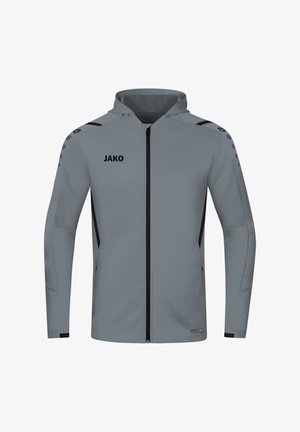 Graue Sportjacke mit Kapuze, schwarzen Akzenten, durchgehendem Reißverschluss und Logo. Verfügt über strukturierte Einsätze und Knöpfe an den Schultern.