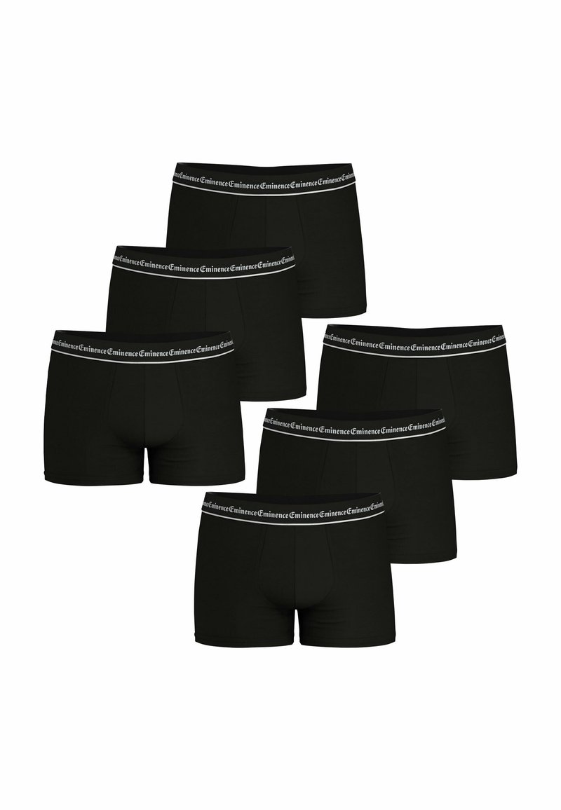 Boxers noirs en tissu doux, avec une taille noire ornée de texte blanc répété. Le paquet contient six paires identiques.
