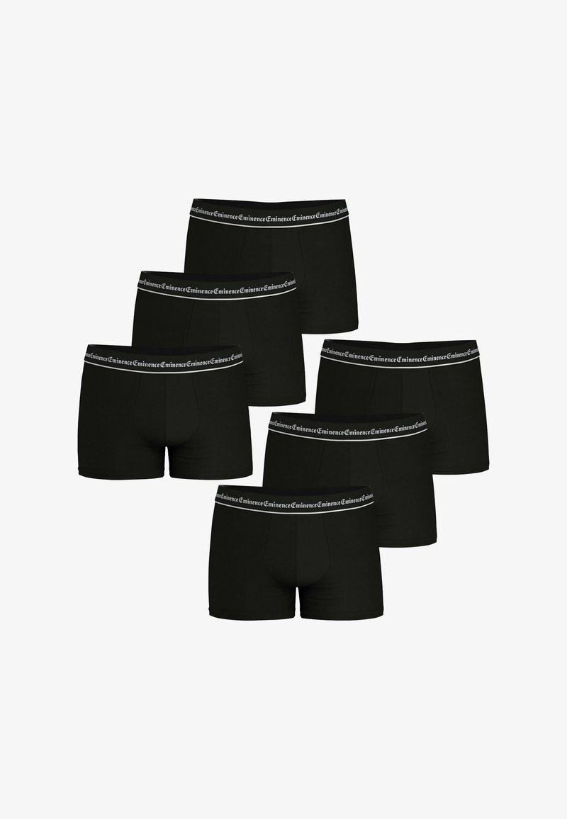 Boxers noirs en tissu doux, avec une taille noire ornée de texte blanc répété. Le paquet contient six paires identiques.