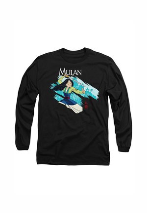 Black long-sleeve t-shirt featuring a colorful graphic of Mulan in action, with bold text above and subtle Asian characters below.