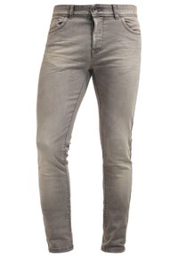 Jeans slim-fit grigio sbiadito realizzati in denim, con design a cinque tasche, passanti per cintura e zip con chiusura a bottone.