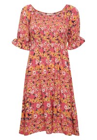 Kwiatowa sukienka z krótkimi, bufkami. Posiada marszczoną górę, różowe tło oraz wielokolorowe wzory kwiatowe w odcieniach żółtego i białego.