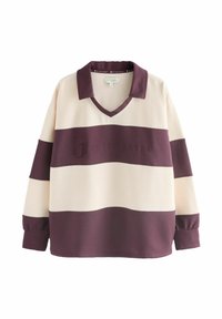 Kreemjas ja burgundia värvi triibuline pikkade varrukatega pullover. Omab V-kujulist kaelust ja ettevõtte logo broderi detaili. Pehme kangas ja lõdvestatud istuvus.