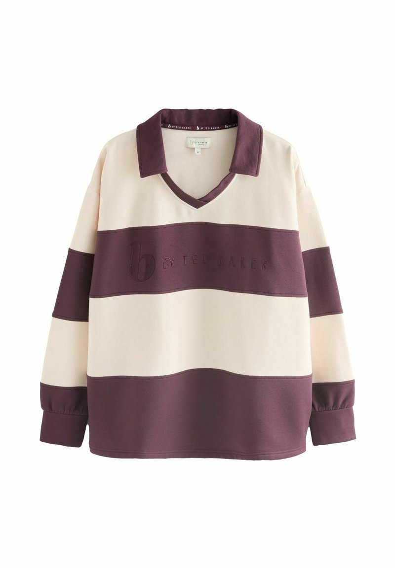 Kreemjas ja burgundia värvi triibuline pikkade varrukatega pullover. Omab V-kujulist kaelust ja ettevõtte logo broderi detaili. Pehme kangas ja lõdvestatud istuvus.