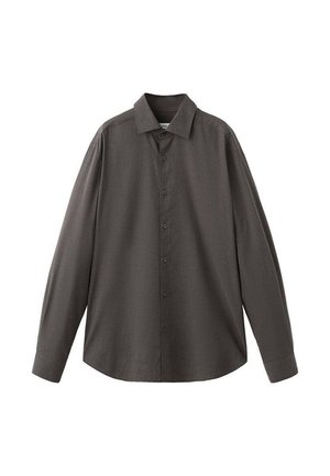 Dark gray long-sleeve shirt with a button-up front, classic collar, and a textured fabric. Features a relaxed fit and subtle pattern.