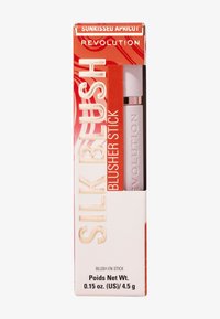 Rouge-stick i en slank hvit tube med sølvdetaljer, pakket i en livlig rød og gullboks merket "Sunkissed Apricot." Størrelse: 4,5 g.