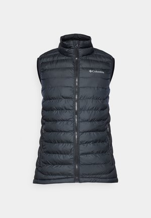 Colete acolchoado preto com gola alta, fecho frontal e dois bolsos laterais. Apresenta um design acolchoado e o logo da Columbia no peito.