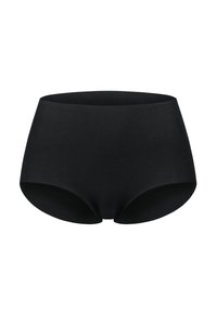 High-waisted zwarte slipjes gemaakt van een gladde, rekbare stof met een naadloos ontwerp en geen zichtbare stiksels.