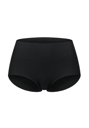 High-waisted zwarte slipjes gemaakt van een gladde, rekbare stof met een naadloos ontwerp en geen zichtbare stiksels.