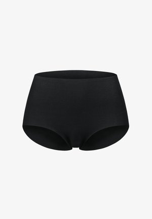 Hochgeschnittene schwarze Pantys aus einem glatten, dehnbaren Stoff mit nahtlosem Design und ohne sichtbare Nähte.