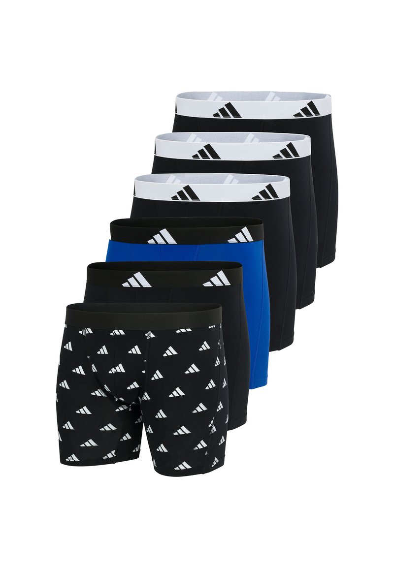 Sju par stretchtygs kalsonger i svart och blått, med vita elastiska midjeband med upprepande logomönster.