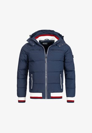 Marineblaue Steppjacke mit Reißverschluss, zwei Seitentaschen und Kapuze. Mit weißen und roten gestreiften Rippbündchen und Säume. Strukturierter Stoff.