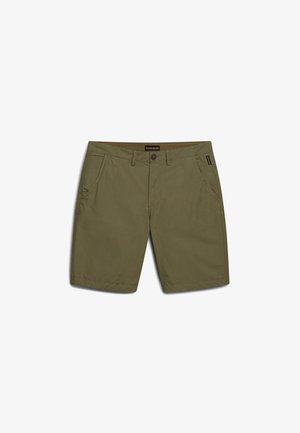 Khaki šortky vyrobené z lehkého materiálu, s plochým předním dílem, dvěma bočními kapsami, zapínáním na knoflík a prošitým lemem.