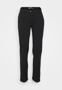 Black pants with a slim fit, made from stretch fabric, featuring a button closure and zippers at the ankle for adjustable fit.