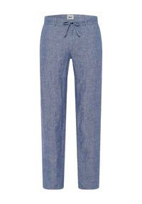 Pantaloni in lino blu con una vestibilità rilassata, dotati di un girovita con cordoncino, gambe dritte e una trama leggera. Nessun motivo o accentuazione visibile.