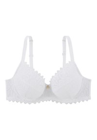 Soutien-gorge en dentelle blanche avec armatures, bords festonnés et un détail décoratif en ton doré au centre. Les bretelles réglables améliorent l'ajustement et le soutien.