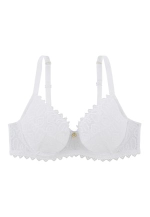 Soutien-gorge en dentelle blanche avec armatures, bords festonnés et un détail décoratif en ton doré au centre. Les bretelles réglables améliorent l'ajustement et le soutien.
