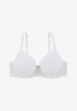 Soutien-gorge en dentelle blanche avec armatures, bords festonnés et un détail décoratif en ton doré au centre. Les bretelles réglables améliorent l'ajustement et le soutien.