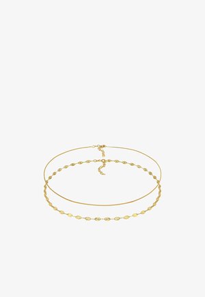 Gold layered necklace with two different chains; one has a flat link design, the other features oval-shaped links with textured accents.