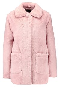 Rosa Kunstpelzmantel mit Kragen, vorderer Knopfverschluss und zwei aufgesetzten Taschen. Weiche Textur und lockere Passform, geeignet für die Freizeit.