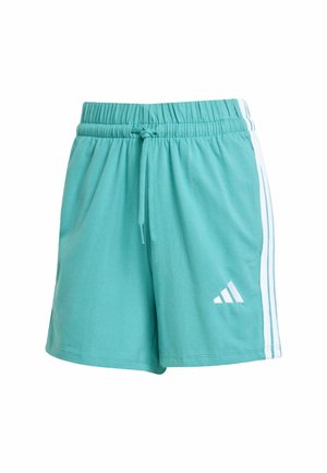 Turquoise athletic shorts made from soft fabric, featuring an elastic waistband, drawstring, and white side stripes with a logo detail.
