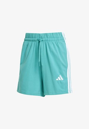 Turquoise athletic shorts made from soft fabric, featuring an elastic waistband, drawstring, and white side stripes with a logo detail.