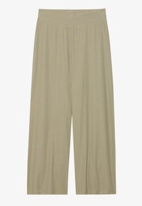 Pantalons larges en khaki en tissu côtelé avec une taille élastique et une silhouette fluide, présentant une texture douce et des bords nets.