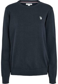 Sweat-shirt bleu marine en maille avec col rond côtelé, manches longues et petit logo blanc sur la poitrine gauche. Texture douce, coupe décontractée.