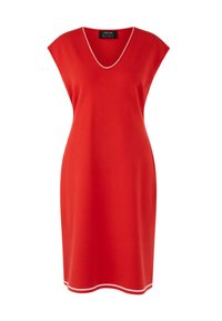 Rotes Kleid mit V-Ausschnitt, überschnittenen Ärmeln und weißer Paspelierung entlang des Ausschnitts und Saums. Hergestellt aus glattem, elastischem Stoff.