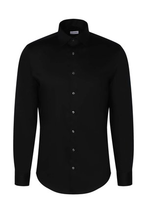 Schwarzes Langarmhemd aus glattem Stoff, mit einem klassischen Kragen, Knopfverschluss vorne und passenden Knöpfen entlang der Knopfleiste.