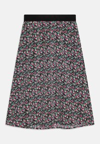 Blomster midi skjørt med svart bakgrunn, prydet med flerfargede blomster i rosa, blått og hvitt. Elastisk midjebånd for komfort.