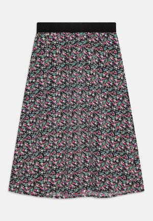 Blomster midi skjørt med svart bakgrunn, prydet med flerfargede blomster i rosa, blått og hvitt. Elastisk midjebånd for komfort.