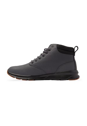 Gray synthetic ankle boots with a textured finish, featuring a black padded collar, round laces, and a flexible, lightweight sole.